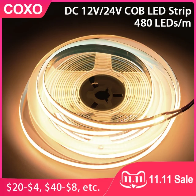 UL перечисленные COB светодиодные ленты светильник 320 480 светодиодов/м 16.4ft высокая плотность гибкая ленточная 3000-6500K RA90 светодиодный светильник s DC12V 24V 1