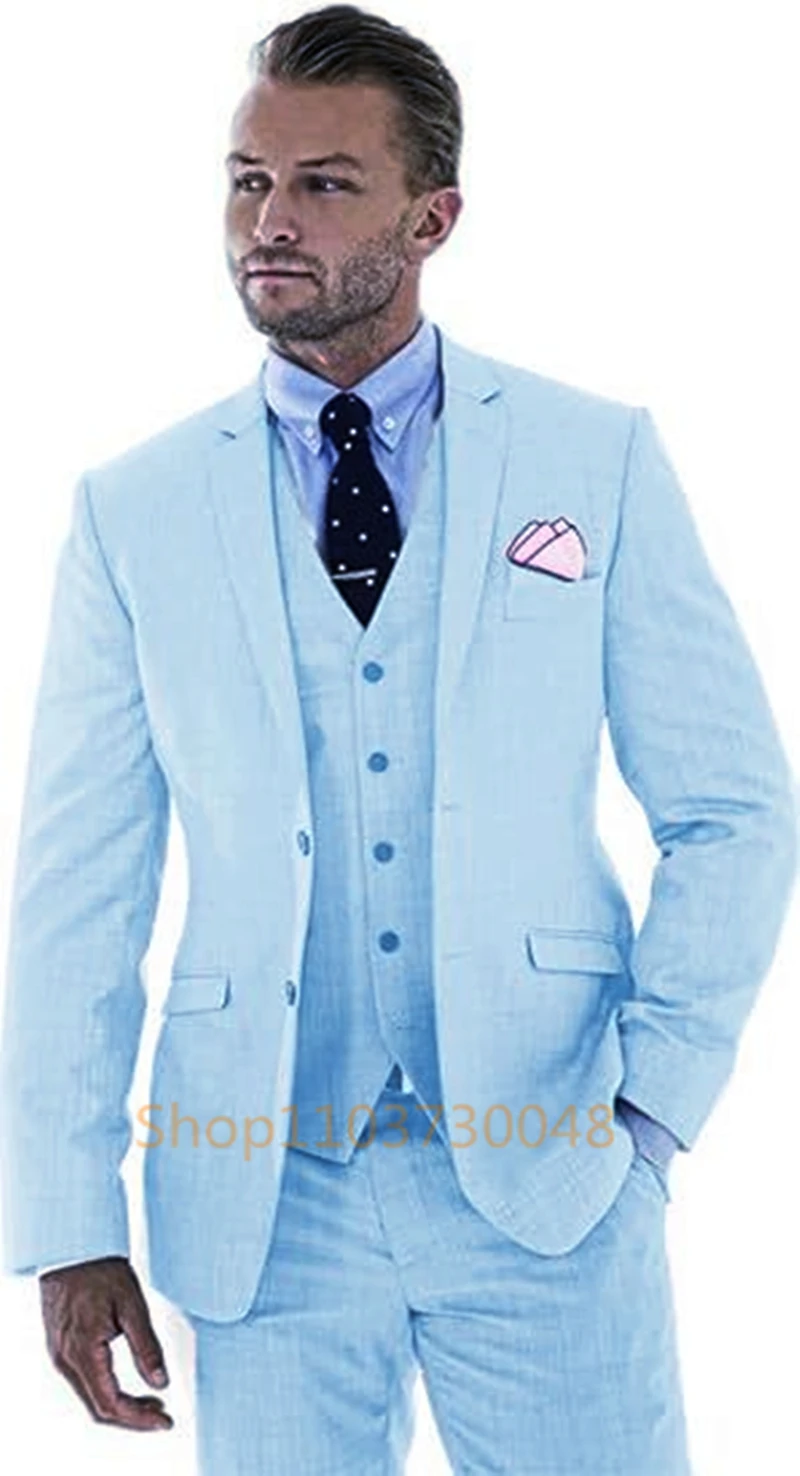 White Linen Wedding Men Suits Groom Tuxedos for Party Prom Slim Fit Casual Notched Lapel Jacket Vest Pants Summer Suits Set