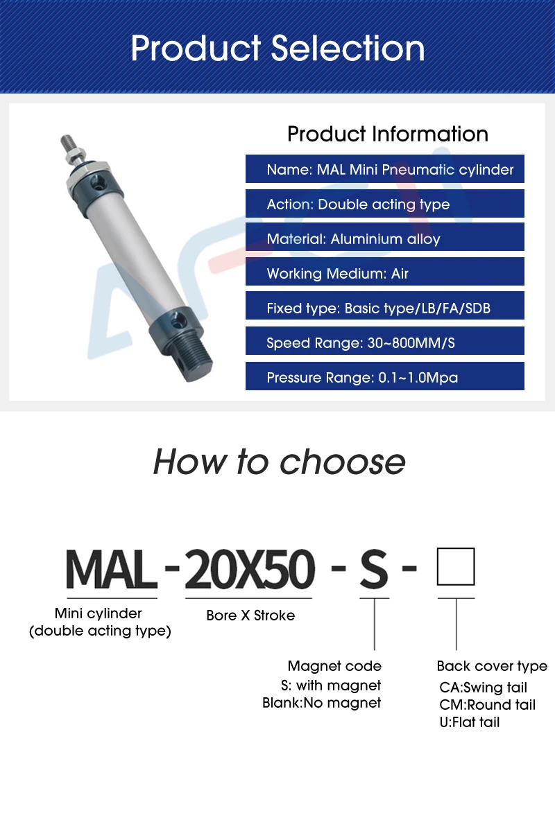 Air Pneumatic Cylinders Double Acting Air Cylinder MAL Mini Bore MAL16 MAL20//25/32/40mm Stroke 25/50/75/100