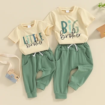 Summer Baby Boys Brother Outfit Letter Print Short Sleeve T-Shirt and Elastic Pants Clothes Set 1