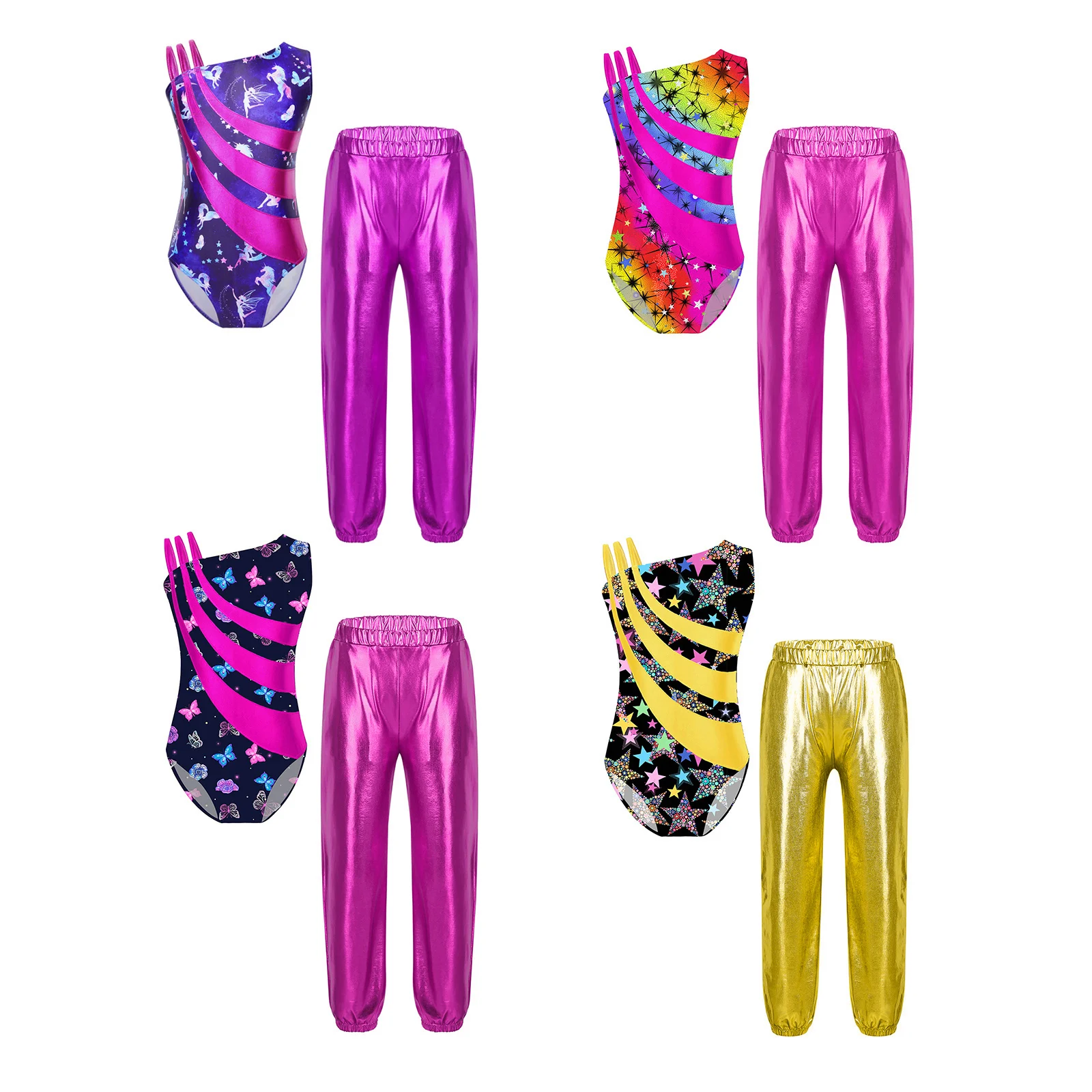 Kids Girls Dance Performance Set Asymmetrical Shoulder Straps Printed Patchwork Leotard with Pants for Gymnastics Competition