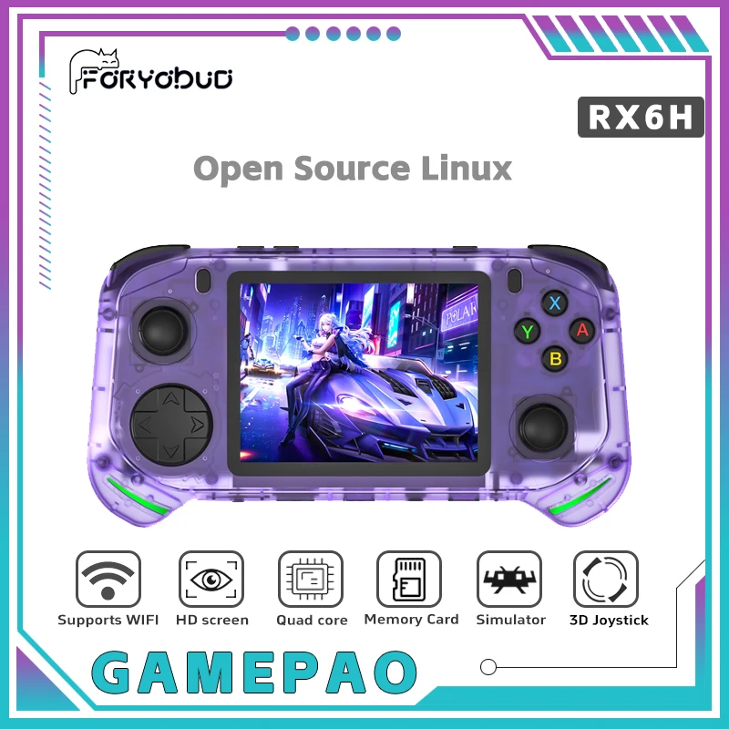 جهاز ألعاب فيديو محمول RX6H بنظام لينكس وشاشة IPS 3.5 بوصة، مشغل فيديو محمول بسعة 64 جيجابايت و128 جيجابايت، متوافق مع PSP وGBA