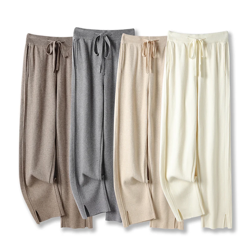 High Quality Knitted Wide Leg Pants Women New Autumn Winter High Waistline Elasticity Fashionable Versatile Floor Mops Trousers