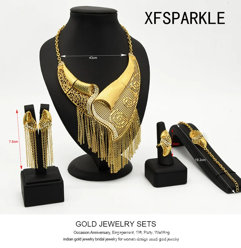 

2023 China's latest design 24k gold fringe necklace earrings bracelet ring jewelry set