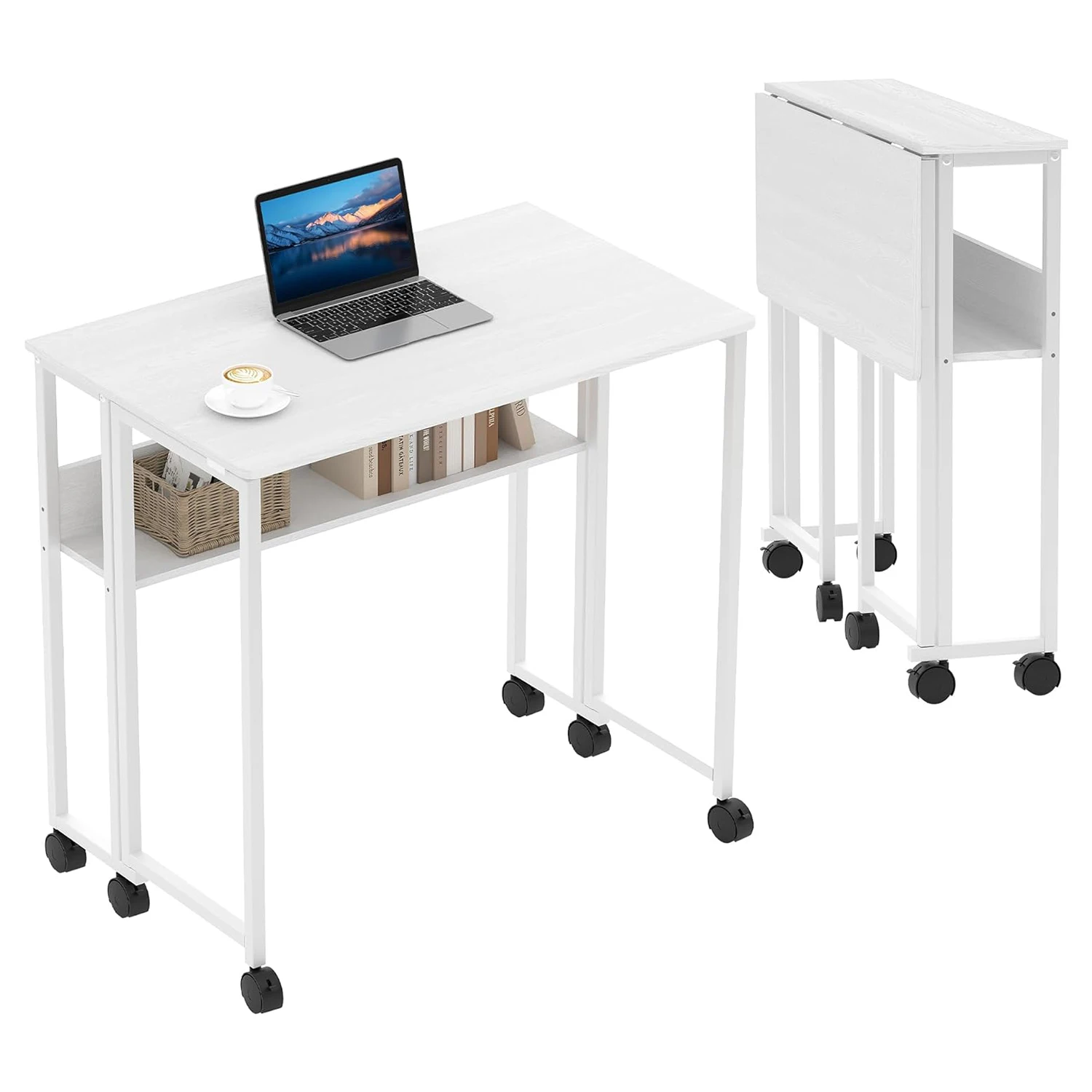 Small Folding Desk with Storage Shelf & Wheels, 80 cm Rolling Computer Desk for Small Space, Home Office Foldable Table