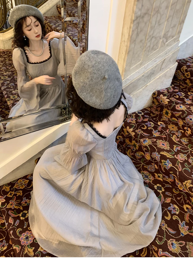 Autumn Princess Midi Dresses for Women Square Collar Flare Sleeve A-line Party Dress Slim Waist Korean One Piece Vestidos New