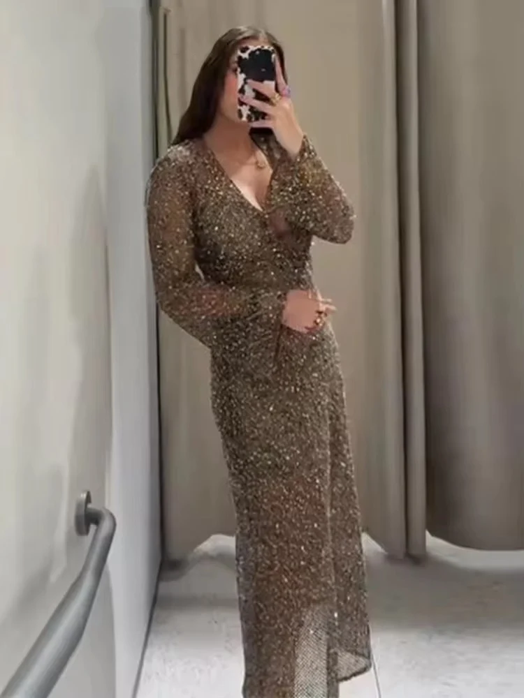 Sexy Sequined Long Pleated Dress Women Deep V-neck Full Sleeve See Through Dresses 2025 Summer Lady Party Evening Dresses ﻿