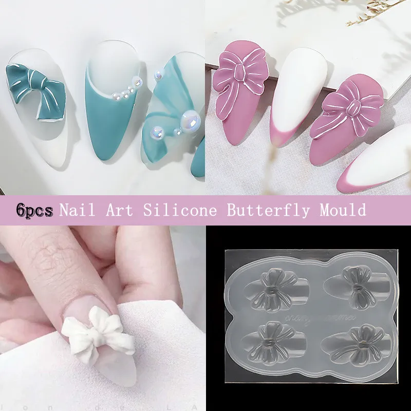 

6pcs Silicone Nail Art Mold Heart Shaped Bow Light Therapy Glue Filling Mold Manicure Design Decor Reusable Crystal Powder Mold