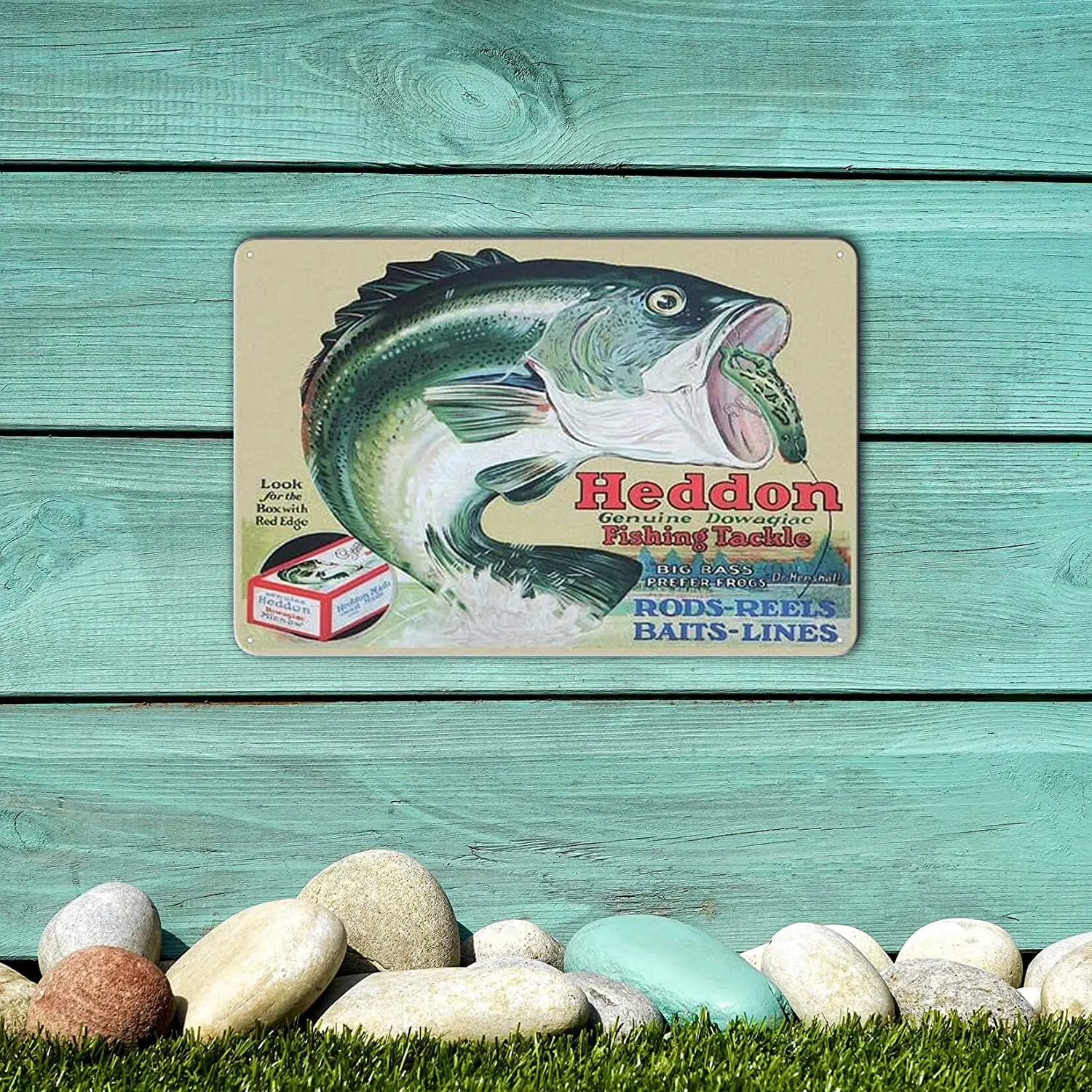 HEDDON Genuine Dowagiac Fishing Tackle Vintage Tin Metal Sign 