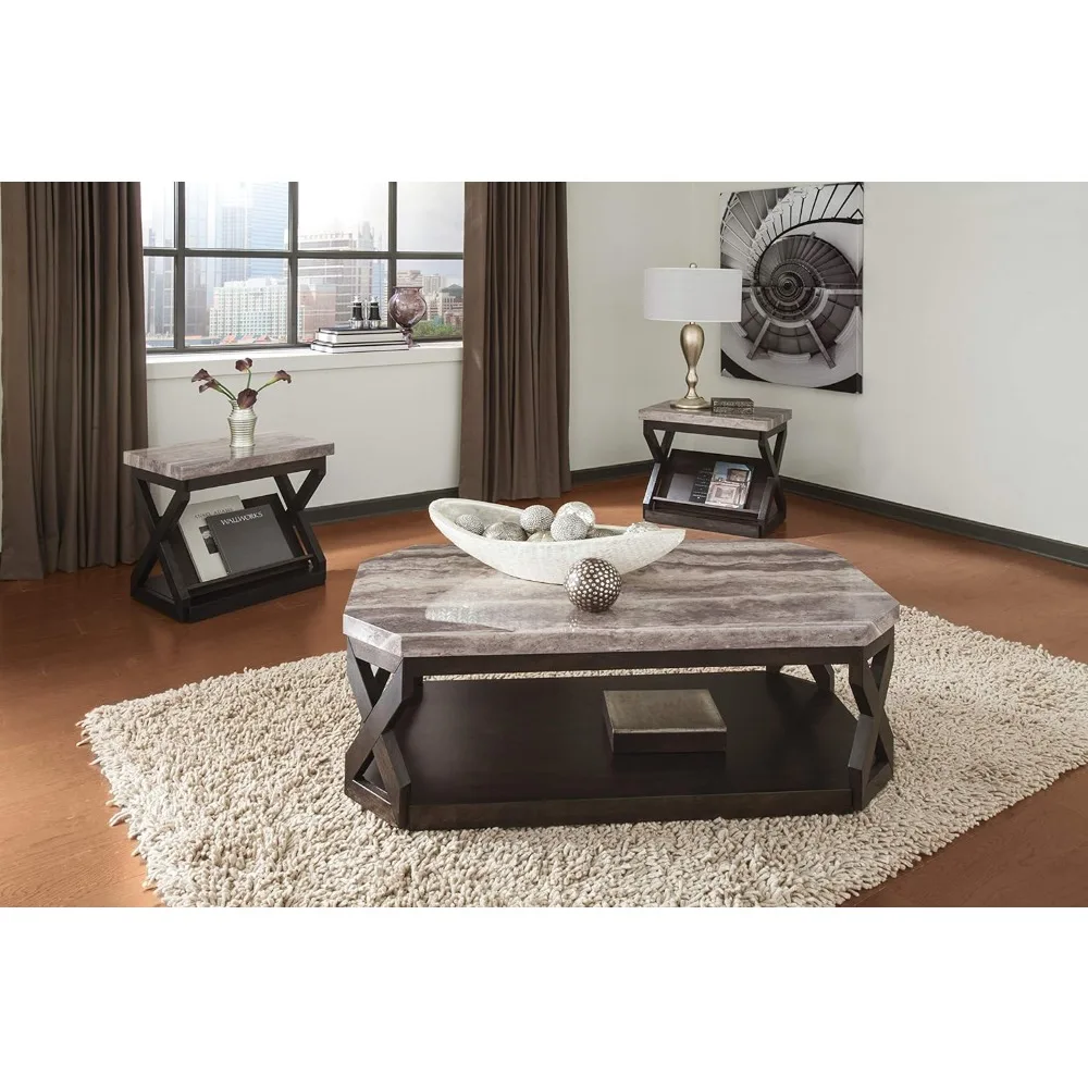 Includes Coffee Table and 2 End Tables Furniture Radilyn Faux Marble 3-Piece Table Set Gray & Brown Full Coffee Corner Mesas
