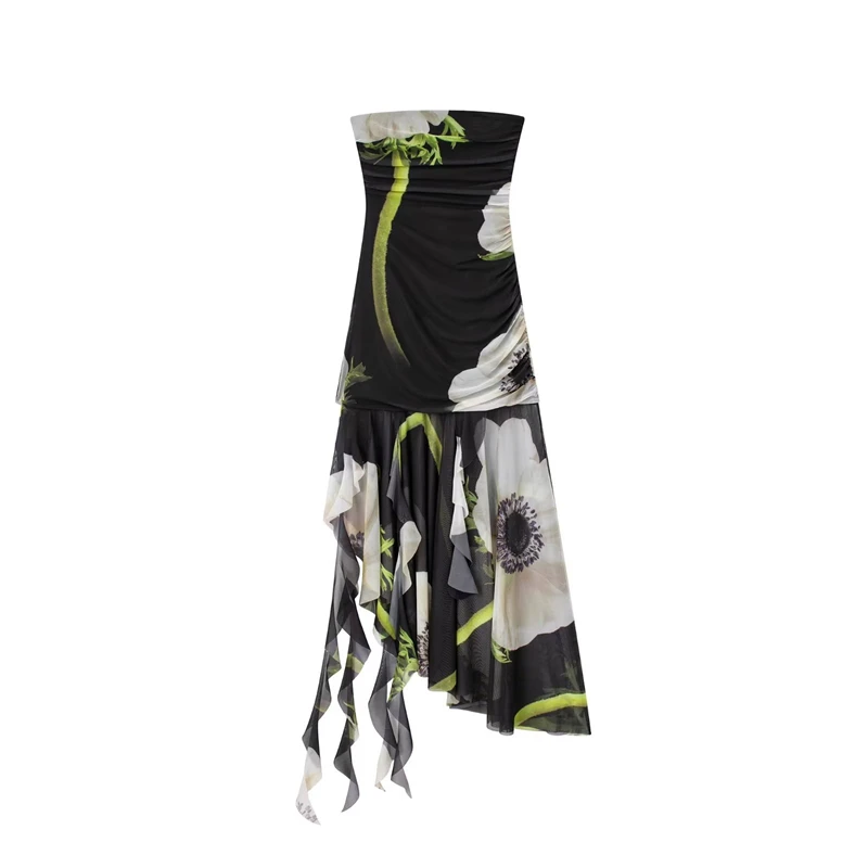 

2023 Summer New Women's Clothing Printed Tulle Tube Top Dress Straight Collar Sleeveless Slim Waist Fashion Asymmetrical Dress