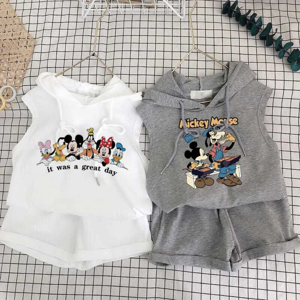

Summer Children's Set Casual Boys Girls Disney Cartoon Print Hooded Tank Top Shorts Two Piece Suits Baby Gray White Tracksuits