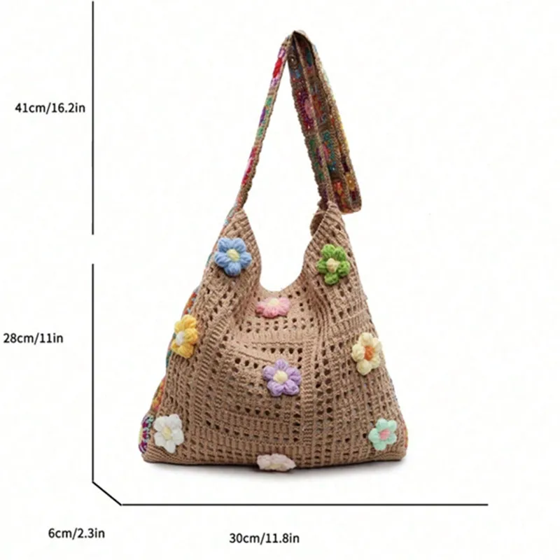 Fashionable Hollow Out Floral Casual Crossbody Bag, Stylish Crochet Shoulder Bag, Color Position Flowers Shoulder Strap Random