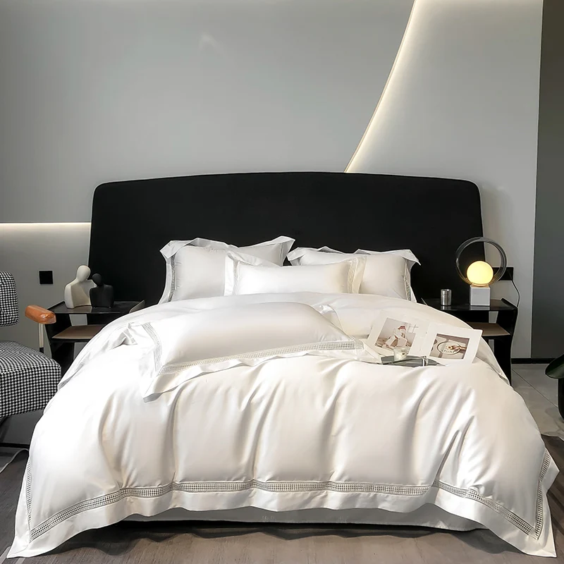 4Pcs Luxury 1000TC Egyptian Cotton White Hotel Style Bedding Set Hollow Wide Edge Duvet Cover Bed Sheet Fitted Sheet Pillowcases 5