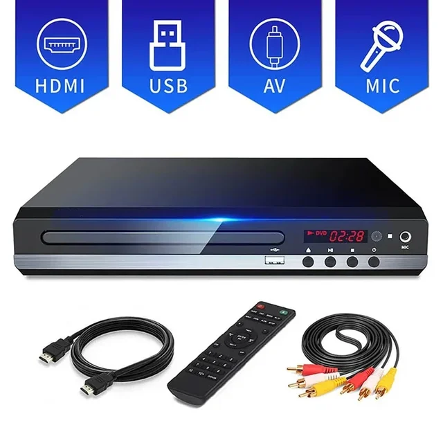 DVD Player High-defination 1080P Home DVD Player Box for TV All Region Free DVD CD-Discs Player AV-Output Built-in MIC-port New