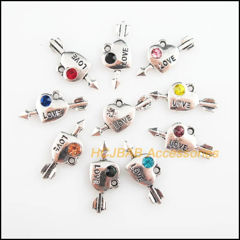 

Fashion 20Pcs Tibetan Silver Plated Retro Arrow Heart Mixed Crystal Charms Pendants 10.5x21mm