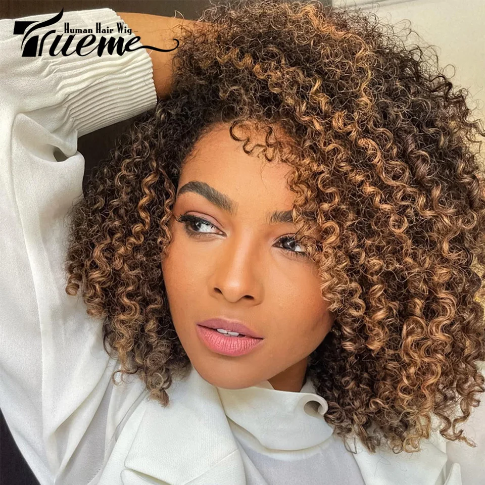 Trueme Afro Kinky Curly Bob Wig Human Hair Wigs Colored Brazilian Curly Wig For Women Ombre Highlight Human Hair Wig With Bangs