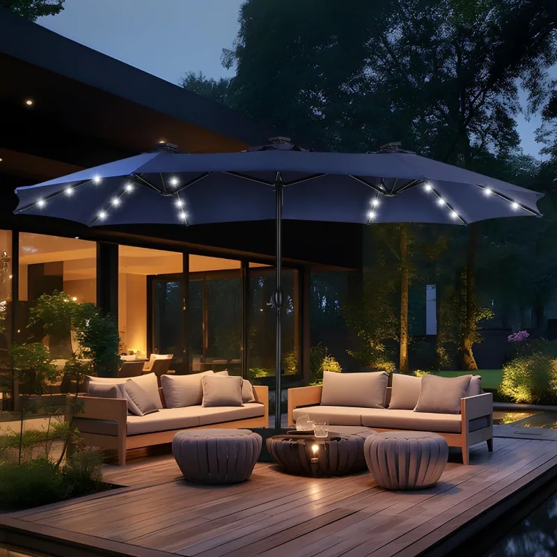 15ft Double Sided Patio Umbrella with Solar Lights, Outdoor Large Rectangular Market Umbrellas with Base Included