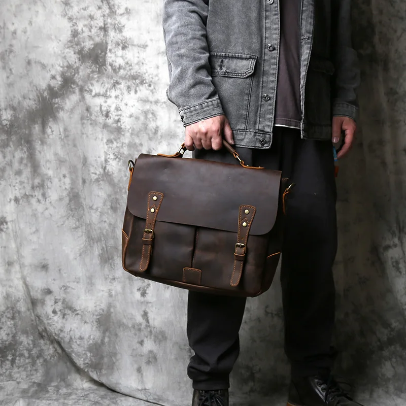 Retro Leather Men's Handbag Top Layer Leather Horizontal Computer Bag Crazy Horse Leather Men Casual Shoulder Messenger Bag NZPJ
