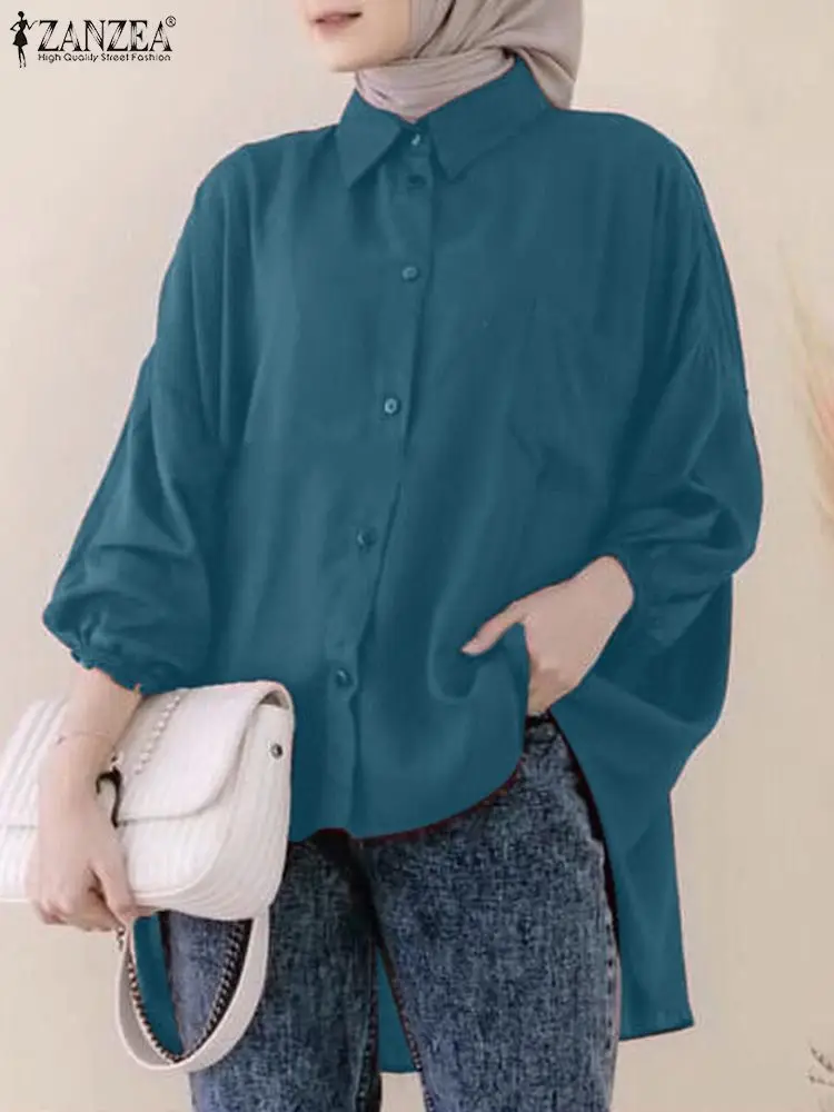 

Модная однотонная мусульманская блузка ZANZEA, женские винтажные Топы Eid Mubarek, рубашка с длинным рукавом и воротником с лацканами, женская рубашка с асимметричным подолом