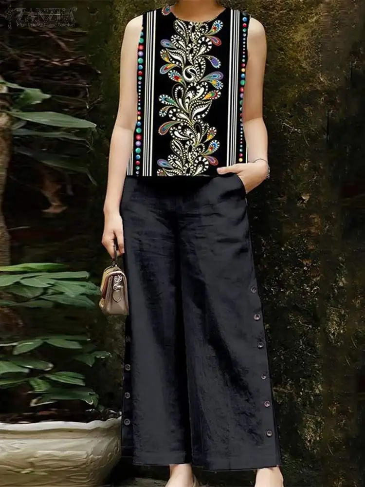 

Комплект ZANZEA женский летний из 2 предметов, блузка без рукавов и брюки с широкими штанинами, богемный спортивный костюм с цветочным принтом, повседневные праздничные брюки