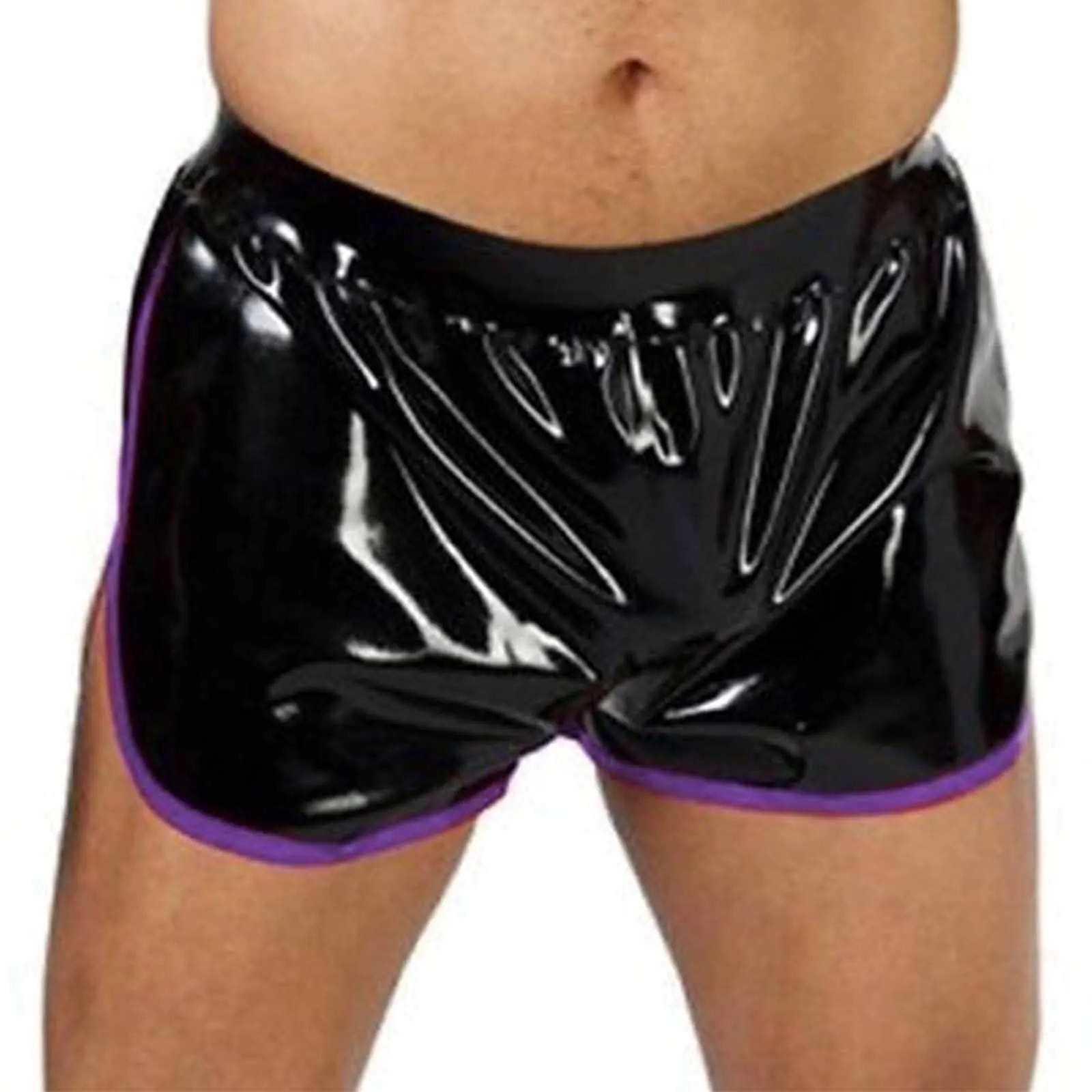 

MONNIK Fashion Black Latex Rubber Men Panties with Violet Trim for Bodysuit Clubwear Party Underwear Shorts