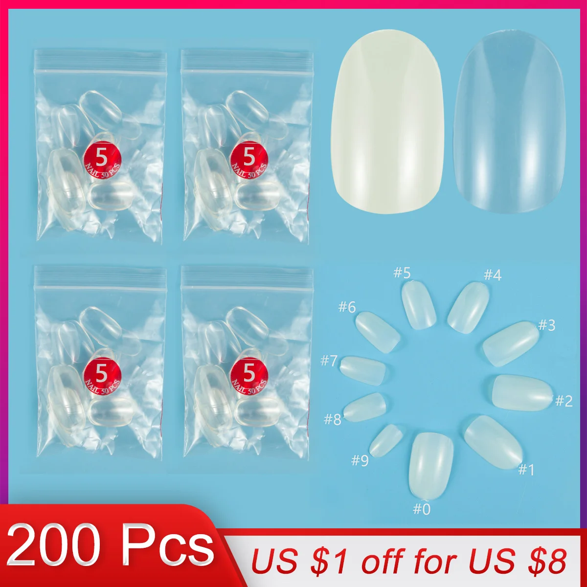 

200 Pieces Same Size Of Short Round Shape False Nail Tips Purchase Certain Sizes Fake Nails for Nail Art Paintting Prastic