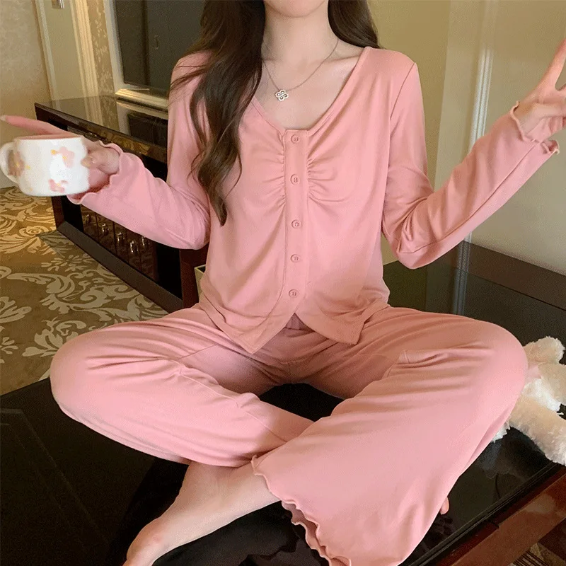 Princess Style Modal Loungewear Pink Bow Pajamas Set 2 Piece Trousers Suit  Home Clothes Nightwear Long Sleeve Outfit Nightwear