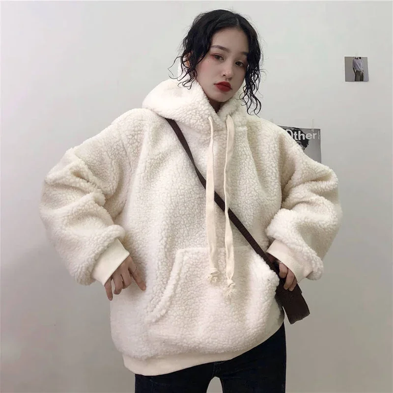 Women Winter Lamb Wool Velvet Pullover Pure Color Plus Velvet Thickening Casual Loose Lantern Sleeve Women's Hoodie Clothing new silver fox velvet and velvet sweater suit thickened warm lamb wool sportswear for men large plus size men s clothing