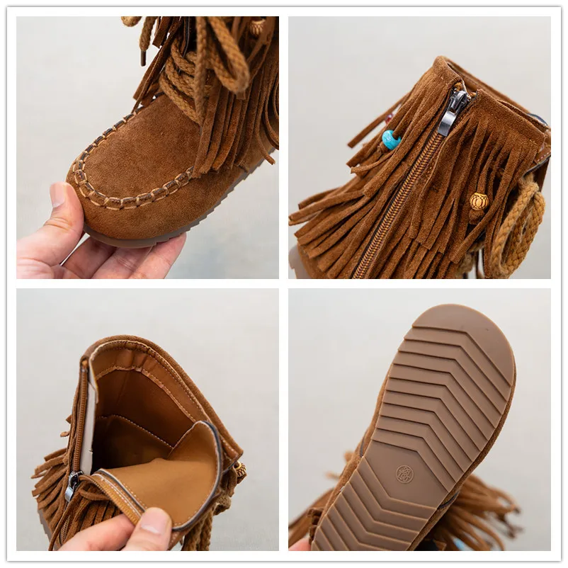 Suede Leather Boots for Girls with Beaded Fringes
