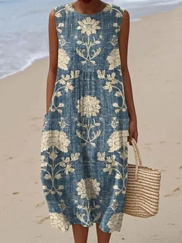 3D-Printed Dress Round-Neck Sleeveless Floral-Print Dress High-Waist Pullover Lightweight Dresses Elegant Casual Summer Dress 1
