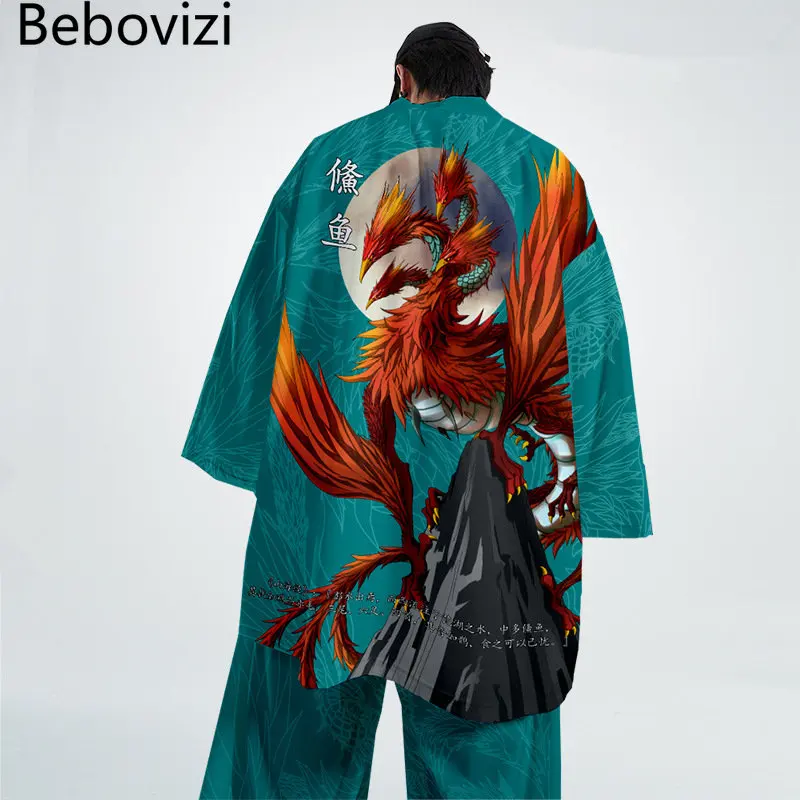Oversized Beach Japanese Anime Bird Print Kimono Streetwear Men Women Cardigan Haori Harajuku Robe Plus Size 4XL 5XL 6XL