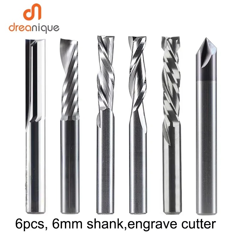 Dreanique 6 teile/satz Vhm Gravur Bit Fräser Holz Set 6mm Schaft Spirale Fräser für Carving Holz Werkzeug