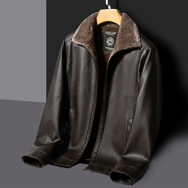 

Light Luxury Leather Coat Men's Winter Fleece-Lined Thickened Fur Integrated Warm Leisure Lapel Zipper Leather Jacket Men