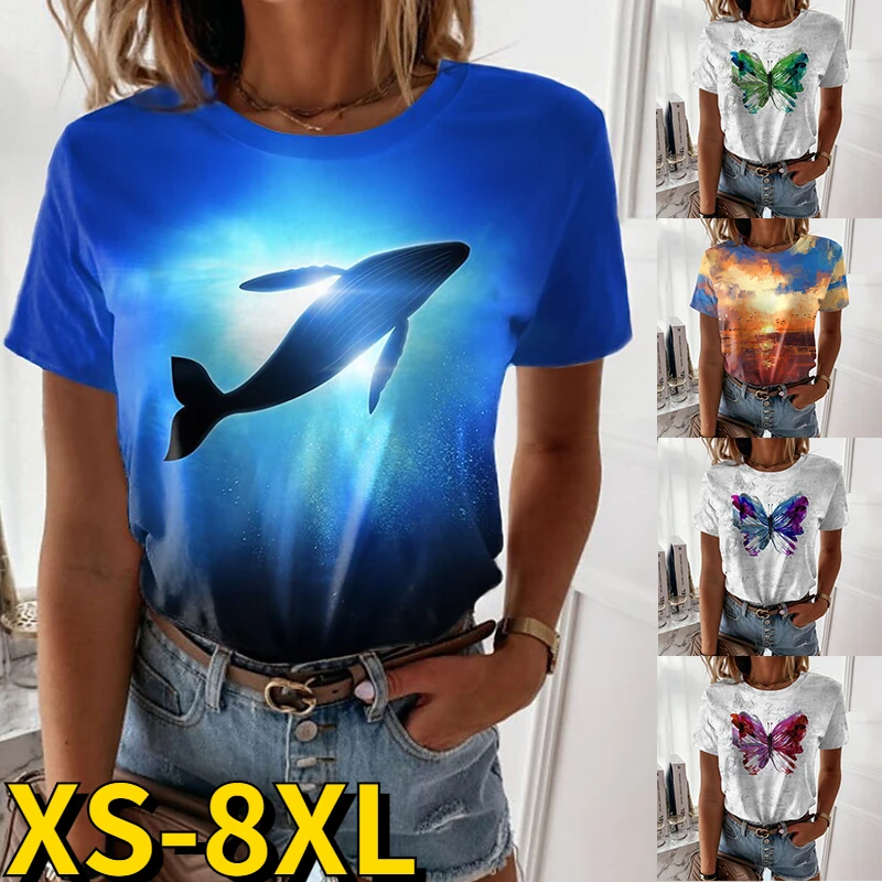 

Summer Simple Style Women's T-shirt Casual Top Round Collar T-shirt Fashion Shirt Butterfly Print Short-sleeved Women's Clothing