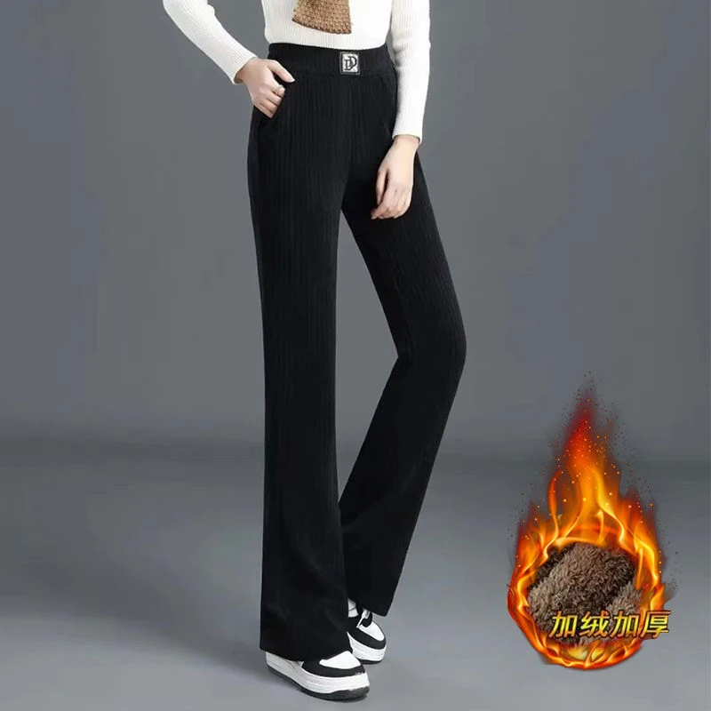 Autumn Winter Plus Velvet Straight Pants Women Letter Print Loose Vintage Sweatpants Office Lady High Waist Corduroy Pantalones