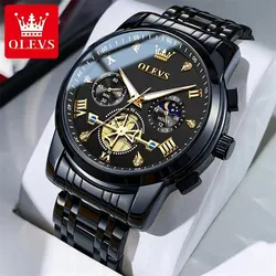 OLEVS Men's Luxury Quartz Wristwatch - Moon Phase Chronograph, Waterproof & Luminous (All Black)
