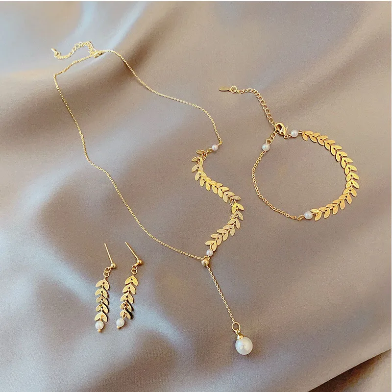 Gold Color Metal Hanging Earrings Bracelets Necklaces Combination Jewelry Sets for Women Unusual Wheat Indian Wedding