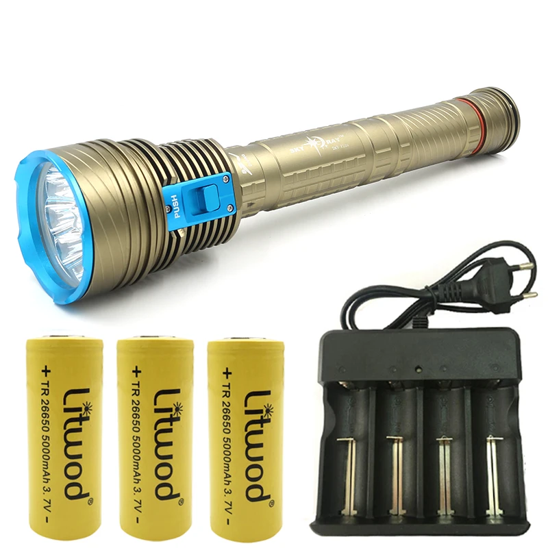 

DX9 Original CREE XM-L T6 9 LED 8000 Lumens Diving Flashlight Torch Light Waterproof Underwater 100m by 26650 Battery Litwod