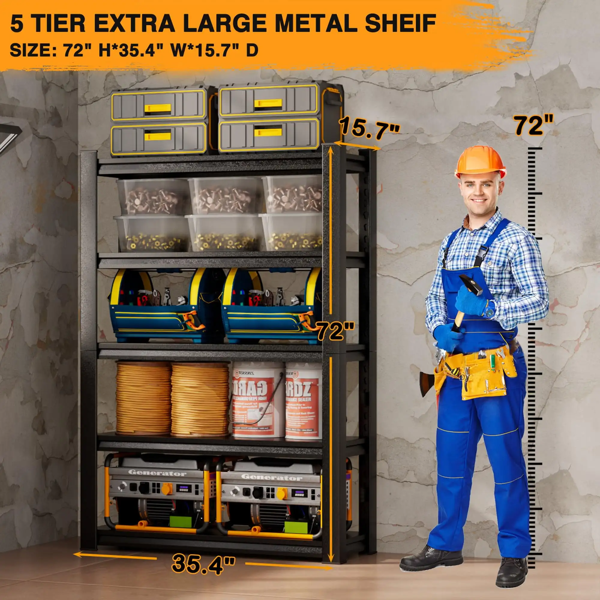 72"H 5 Tier Heavy Duty Metal Garage Storage Shelving Industrial Utility Racks kitchen shelf 2000 lbs Capacity Black 4