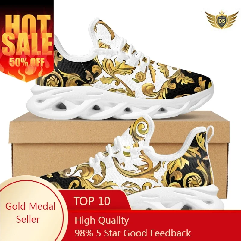 Golden Floral Designer Shoes For Women Sneakers Platform Multicolor Breathable Soft Couple Casual Size 36-48
