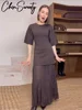 Elegant Patchwork Long Dress Women Slim O-neck Half Sleeve Pleated Party Dresses 2025 Spring Summer Lady Commute Robes 1