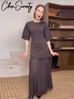 Elegant Patchwork Long Dress Women Slim O-neck Half Sleeve Pleated Party Dresses 2025 Spring Summer Lady Commute Robes 1