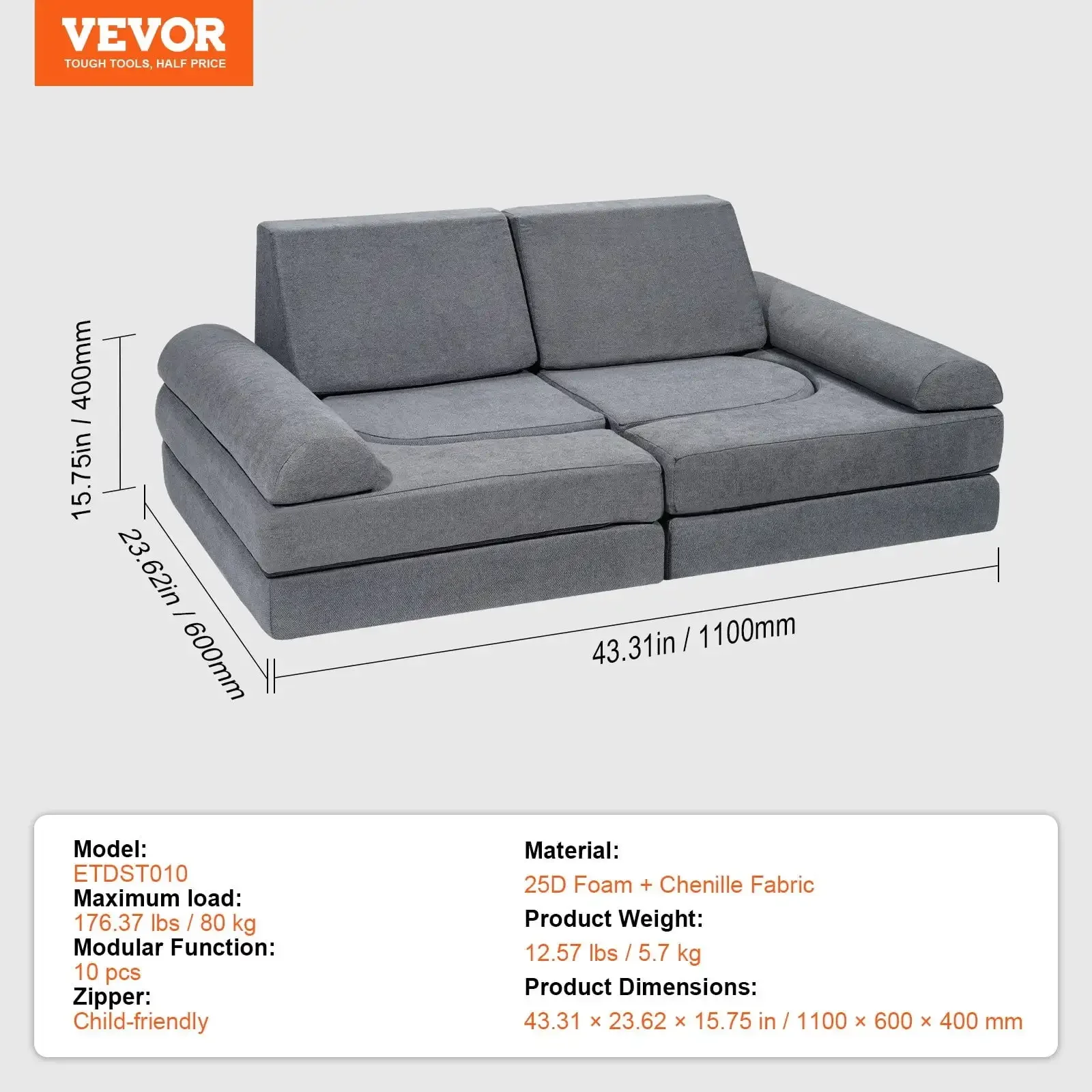 Kids Couch, 10Pcs Modular Kids Play Couch, Toddler Couch Sofa Bed, Kids Chair Seat Playroom Furniture, Grey 6