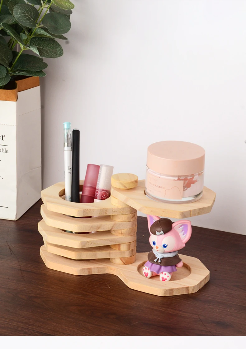 Description Picture 4 of itemWooden Pen Holder, Creative Desktop Pencil Holder Makeup Brush Organizer 360° Rotating Cosmetic Storage Rack Stationery Box