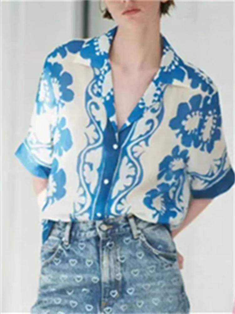 여성용 노치드 칼라 블라우스 또는 반바지, 여성 스트랩리스 긴 원피스, 블루 및 화이트 도자기 인쇄 세트, 2024 여름 신상