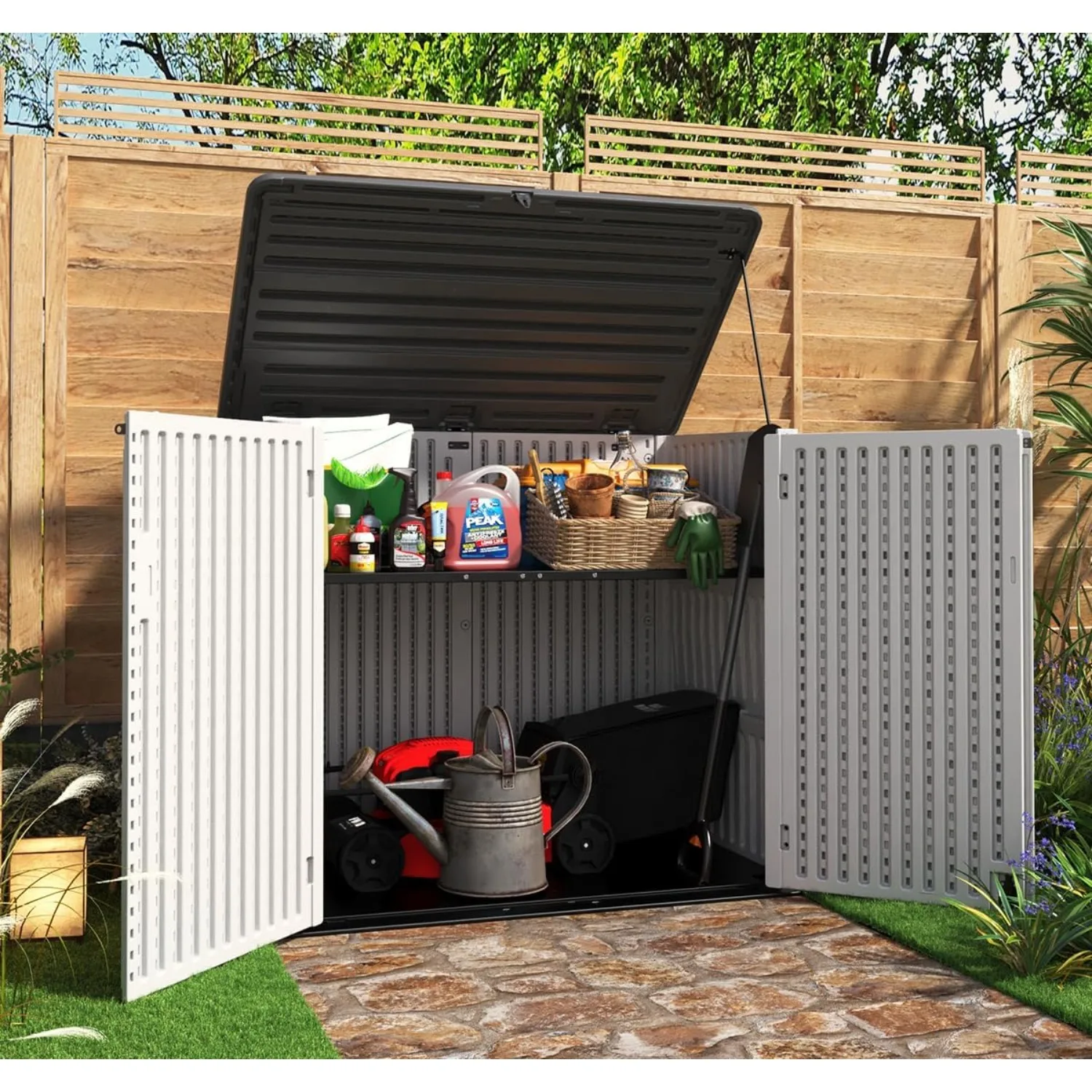 Horizontal Outdoor Storage Shed,47 Cu.ft Resin Outdoor Storage Cabinet Waterproof for Garden/Patio/Backyards 2