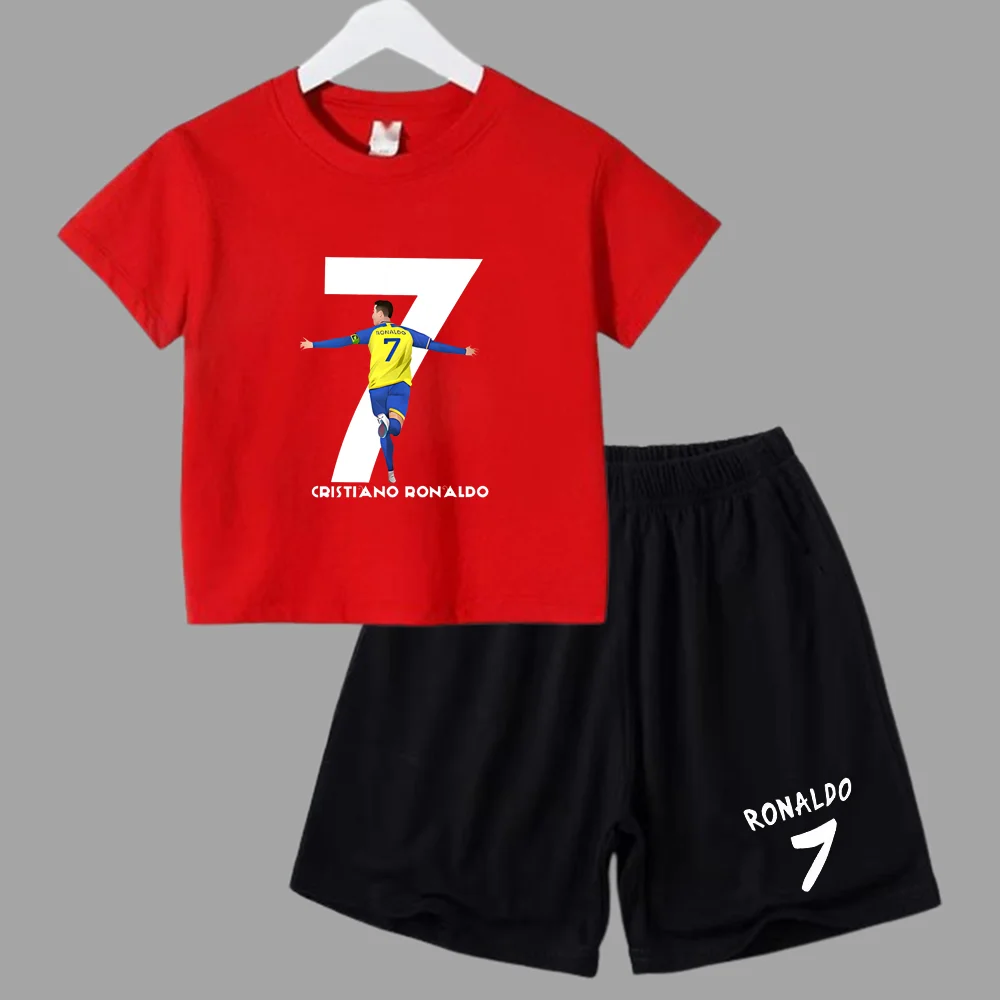 thumbnail image 1 of Traje deportivo de verano CR7 Ronaldo para niños de 2 a 14 años, conjunto de 2 piezas, camisetas de manga corta informales y pantalones cortos, conjuntos de ropa de ídolo para niños, 1 of 5