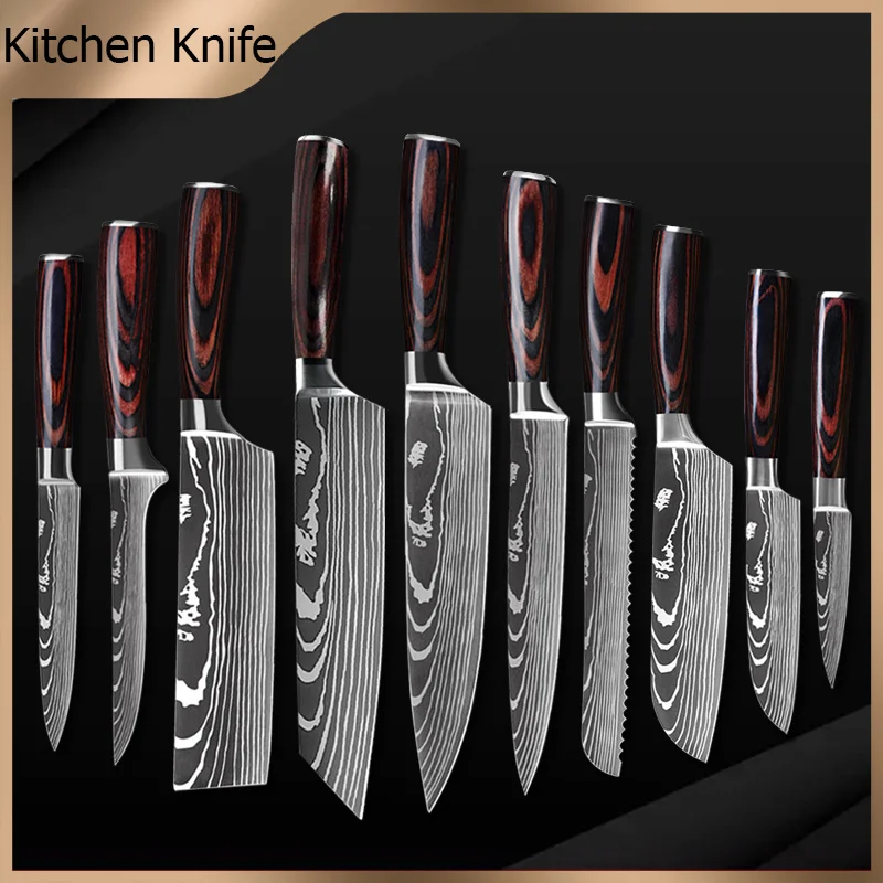 XITUO Chef knife 1-10Pcs Kitchen Knives Set Laser Damascus Pattern  Ultra-Sharp Santoku Knife Cleaver Slicing Utility Fruit Knife