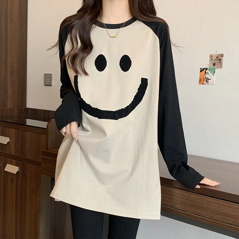 Block Color Patchwork Fashion Printing Maternity Nursing T-shirt Long Sleeve Autumn Pregnant Woman Cotton Top Breastfeeding Tees